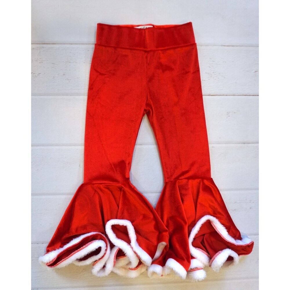 QLIYANG Red Velvet Bell Bottom Pants Flare w/ Faux Fur Trim – Size 6T, NWOT